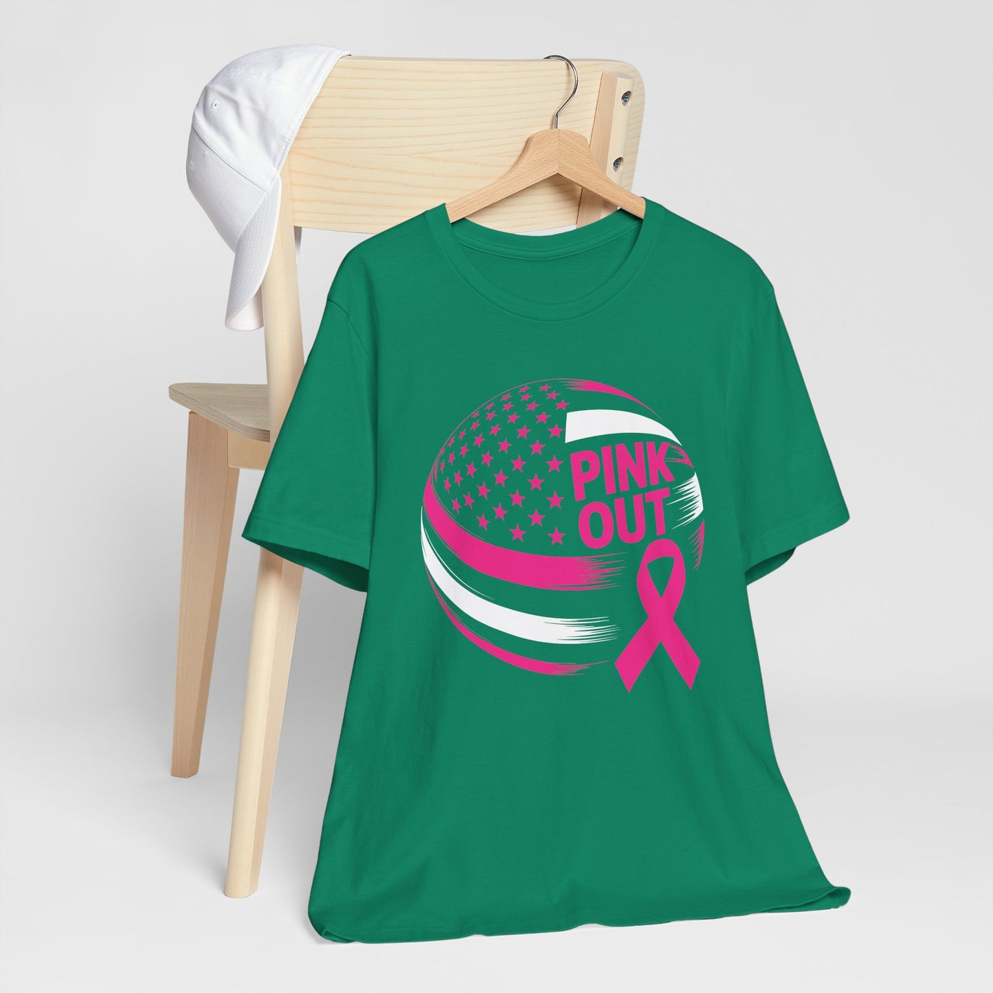 Volley Ball Pink Ribbon Breast Cancer Awearness USA Flag T-Shirt For Men Women
