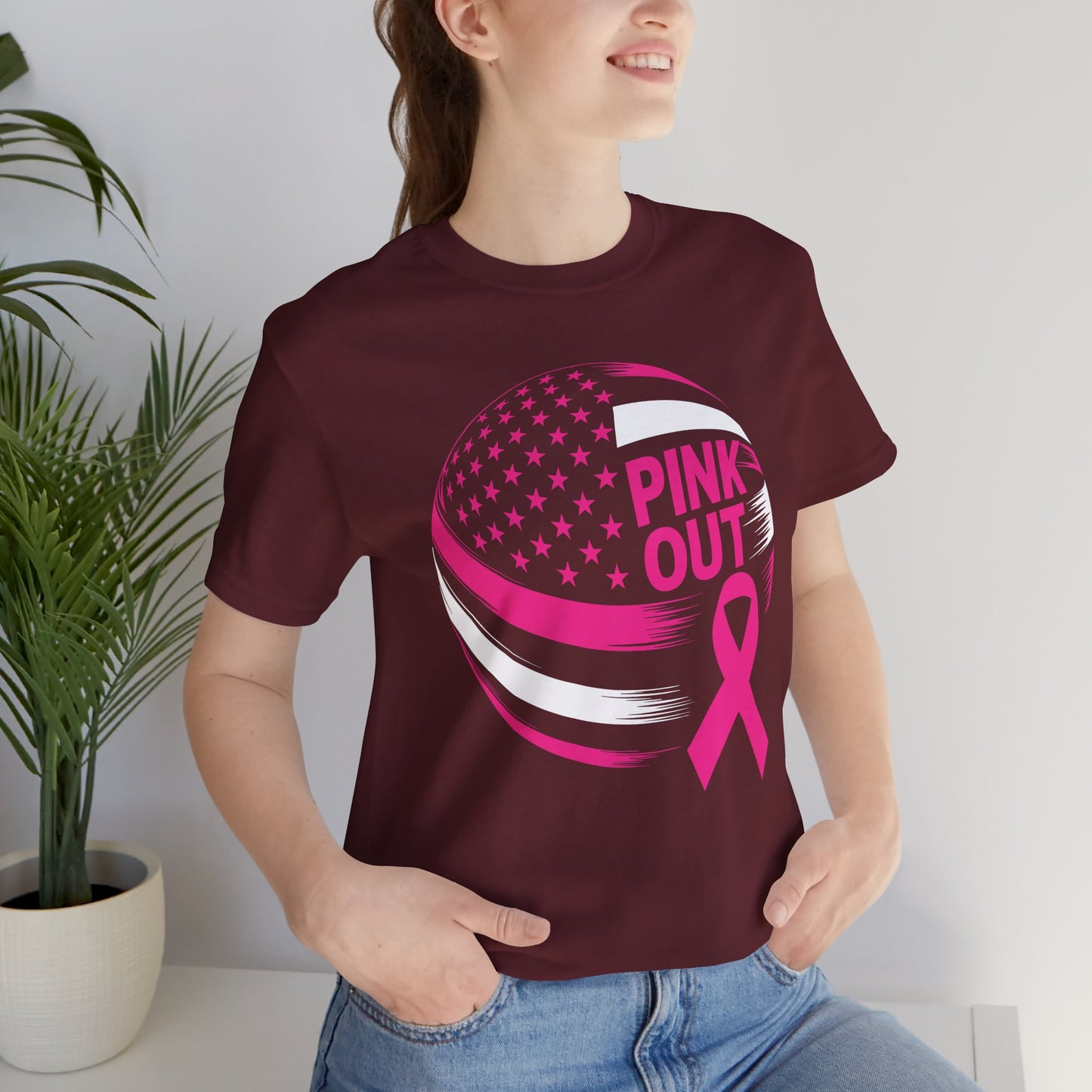 Volley Ball Pink Ribbon Breast Cancer Awearness USA Flag T-Shirt For Men Women