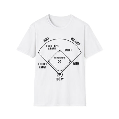 Who's on First Funny Baseball Positions Names Dark T-Shirt For Men Women T-Shirt