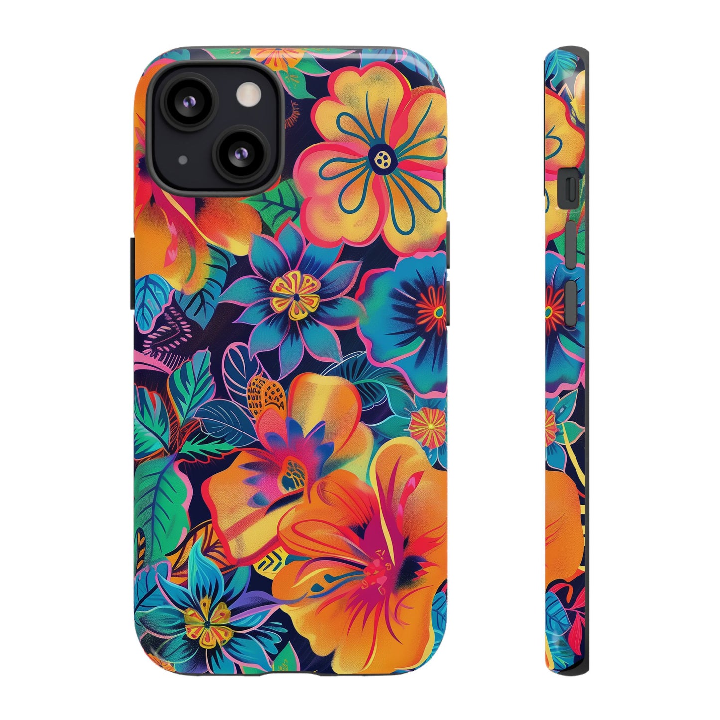 Floral Fiesta Vibrant Pattern iPhone 13 14 15 16 Pro Max Plus Case Wireless Charging Compatible Tough Cases Protection, Magnetic Phone Case for iPhone Classic Series