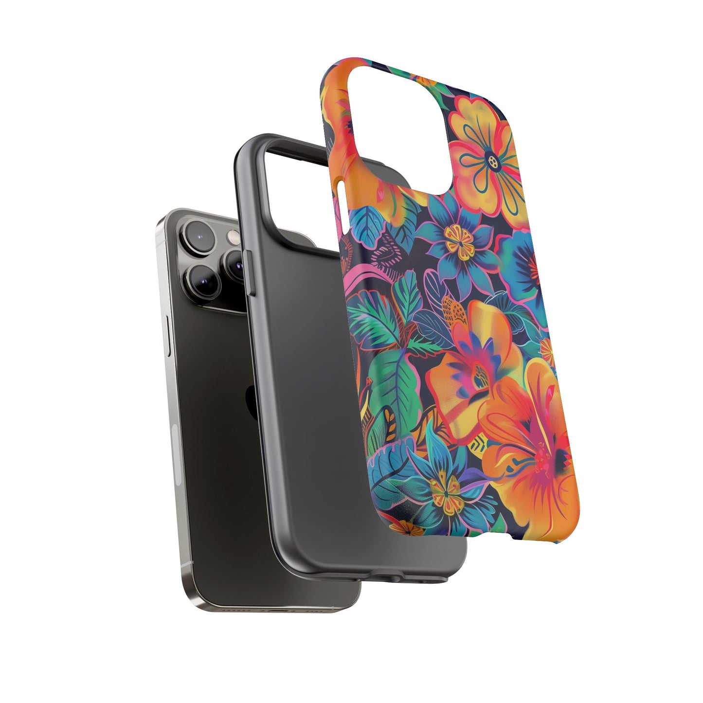 Floral Fiesta Vibrant Pattern iPhone 13 14 15 16 Pro Max Plus Case Wireless Charging Compatible Tough Cases Protection, Magnetic Phone Case for iPhone Classic Series