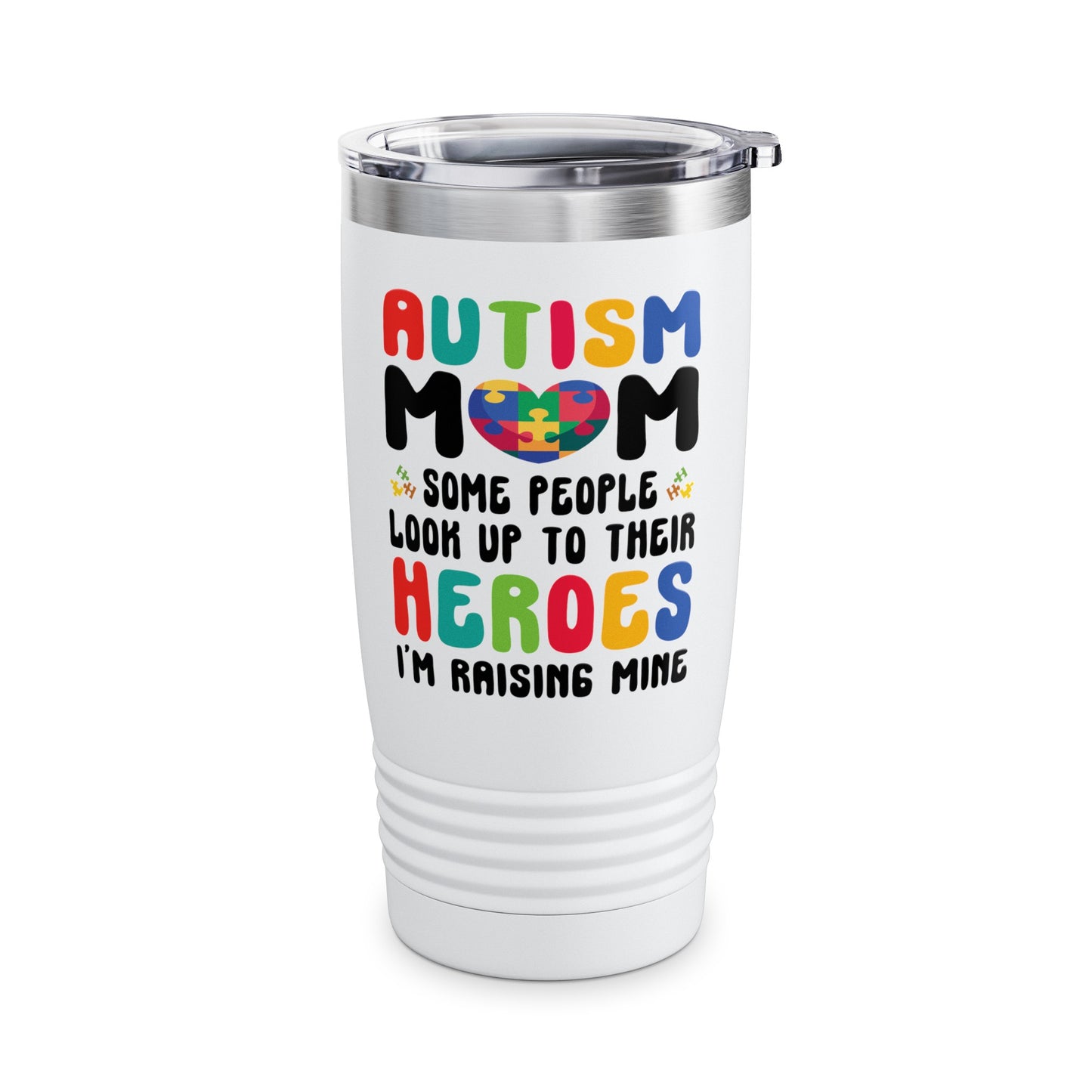 Funny Autism Mom Raising Hero Groovy Messy Bun Autism Awareness Tumbler For Men Women Tumbler