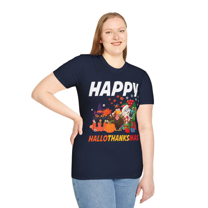 Funny Happy Hallothanksmas Halloween Thanksgiving Christmas Mash Up T-Shirt Men Women Kids