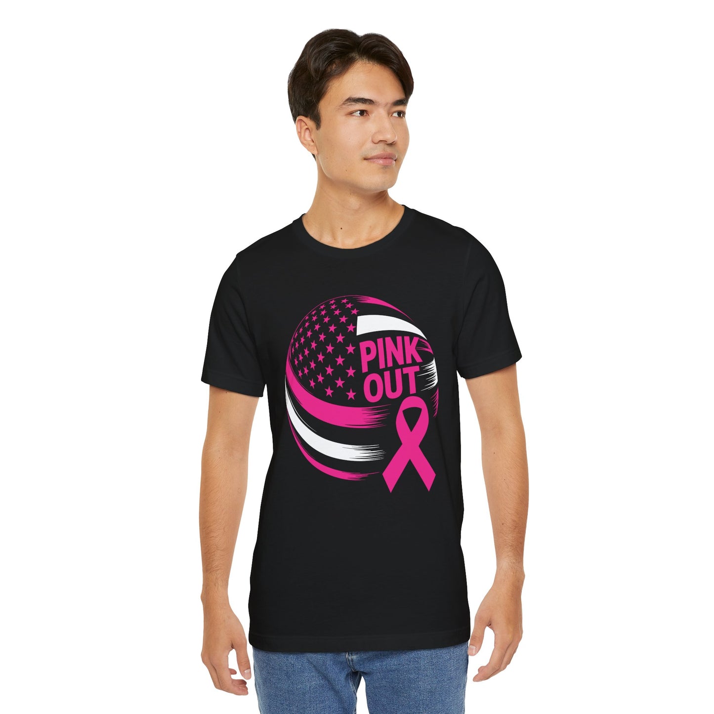 Volley Ball Pink Ribbon Breast Cancer Awearness USA Flag T-Shirt For Men Women