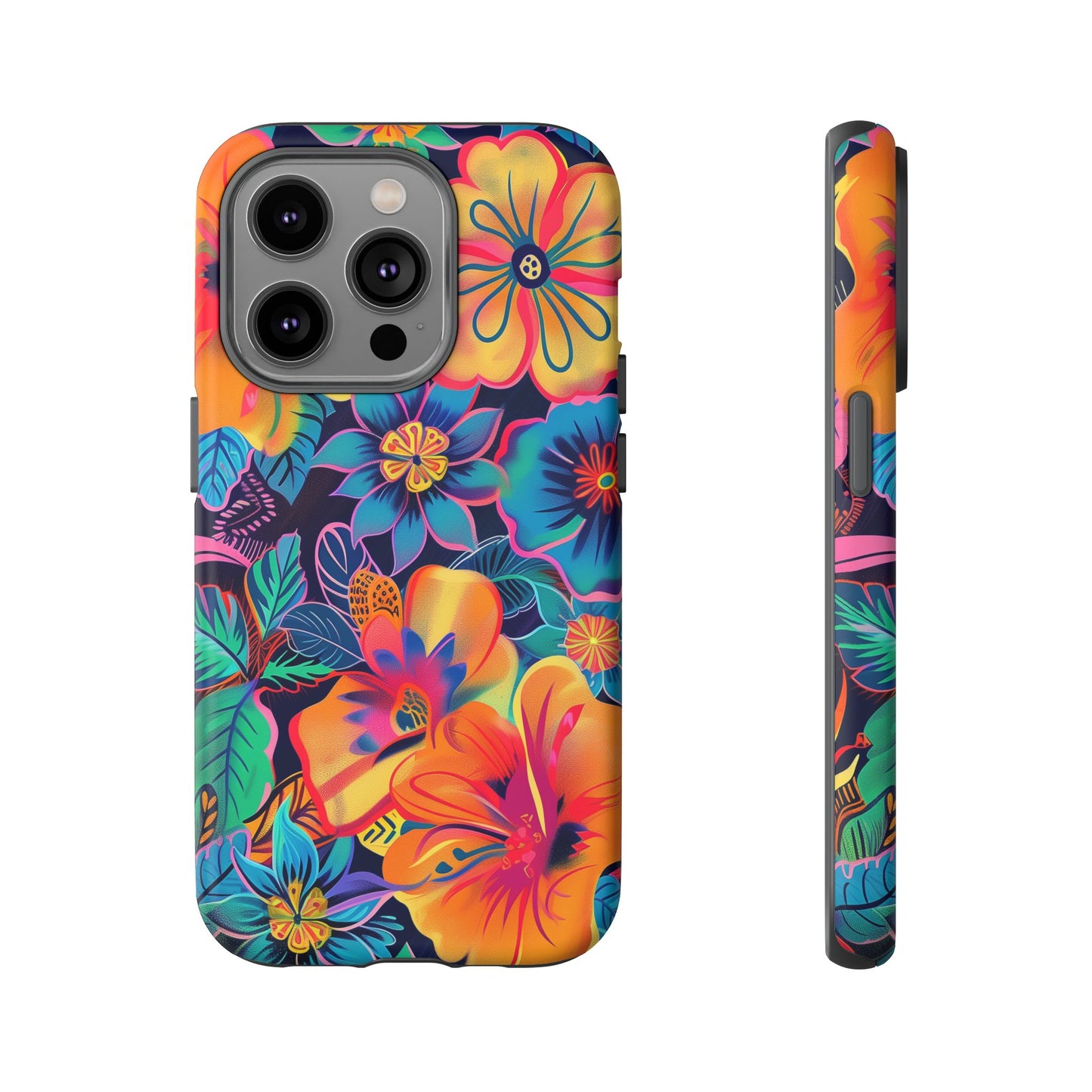 Floral Fiesta Vibrant Pattern iPhone 13 14 15 16 Pro Max Plus Case Wireless Charging Compatible Tough Cases Protection, Magnetic Phone Case for iPhone Classic Series