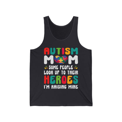 Funny Autism Mom Raising Hero Groovy Messy Bun Autism Awareness Tank Top For Men Women Tank Top