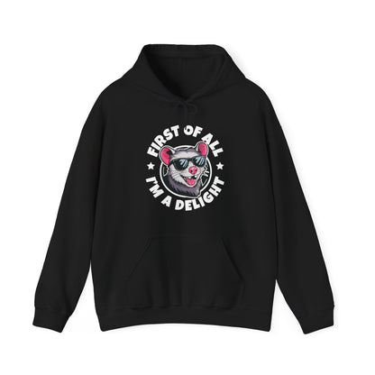 Funny First Of All I'm A Delight Sarcastic Angry Opossum Possum Hoodie For Men Women Hoodie