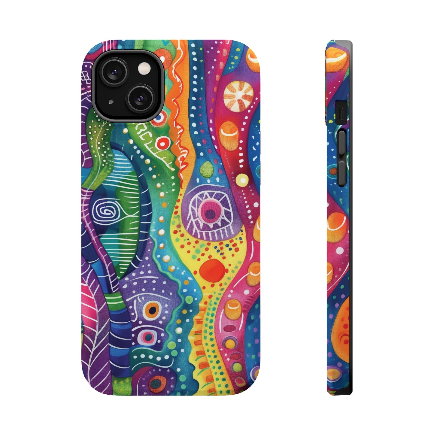 Abstract Rainbow Doodle Pattern iPhone 13 14 15 Pro Max Plus Case Compatible with MagSafe Tough Cases Protection, Magnetic Phone Case for iPhone  Classic Series