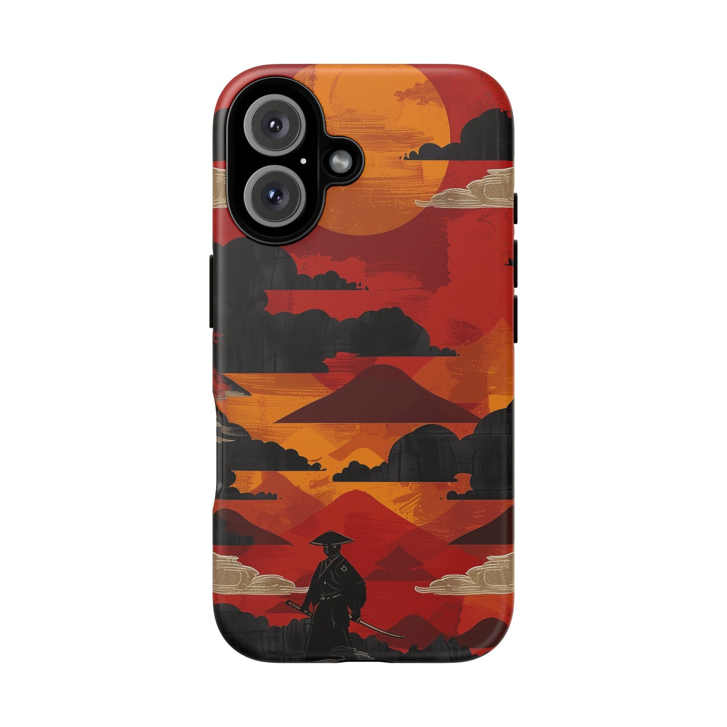 Samurai Sunset Vibrant Pattern iPhone 13 14 15 16 Pro Max Plus Case Wireless Charging Compatible Tough Cases Protection, Magnetic Phone Case for iPhone Classic Series