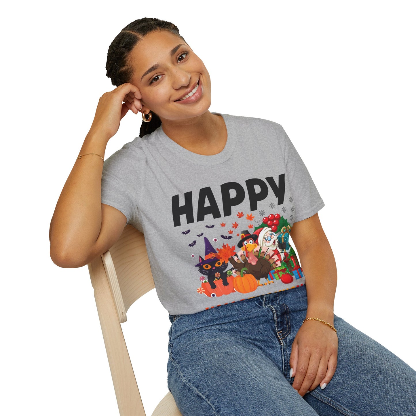 Funny Happy Hallothanksmas Halloween Thanksgiving Christmas Mash Up T-Shirt Men Women Kids