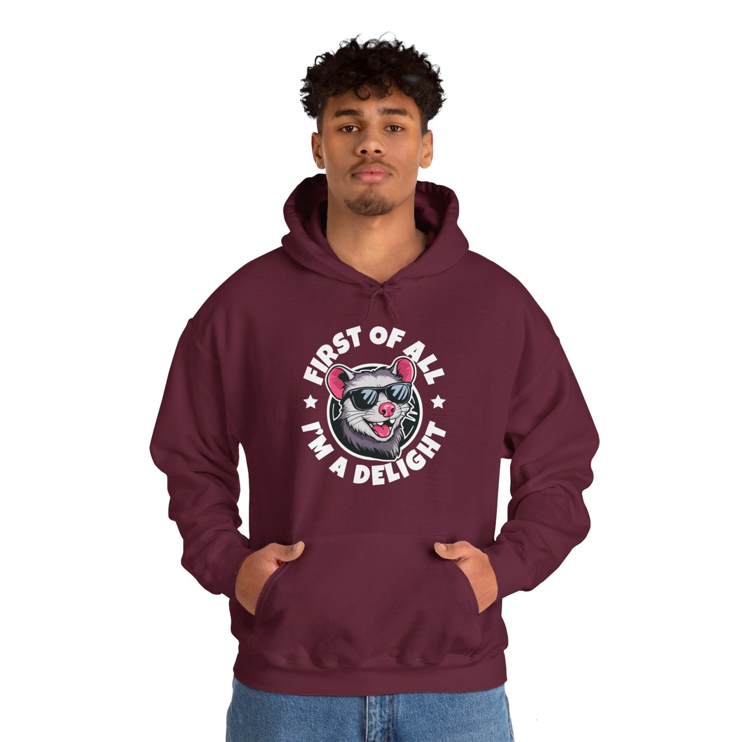Funny First Of All I'm A Delight Sarcastic Angry Opossum Possum Hoodie For Men Women Hoodie