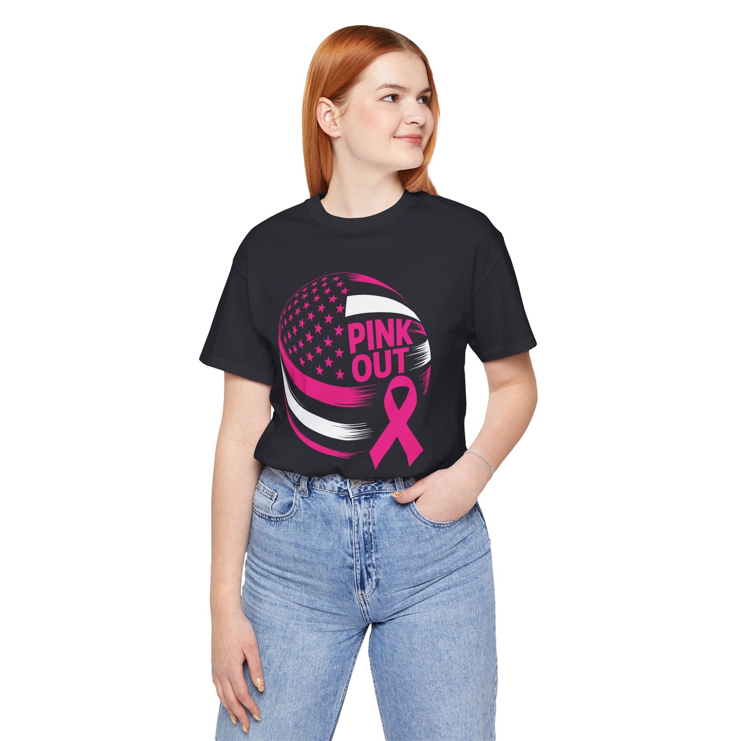 Volley Ball Pink Ribbon Breast Cancer Awearness USA Flag T-Shirt For Men Women