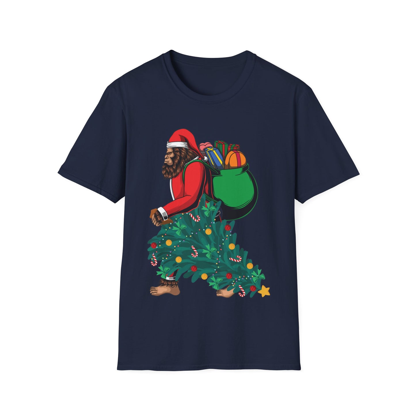 Bigfoot Santa Christmas Tree Lights Gifts Funny Xmas Sasquatch T-Shirt For Men Women T-Shirt