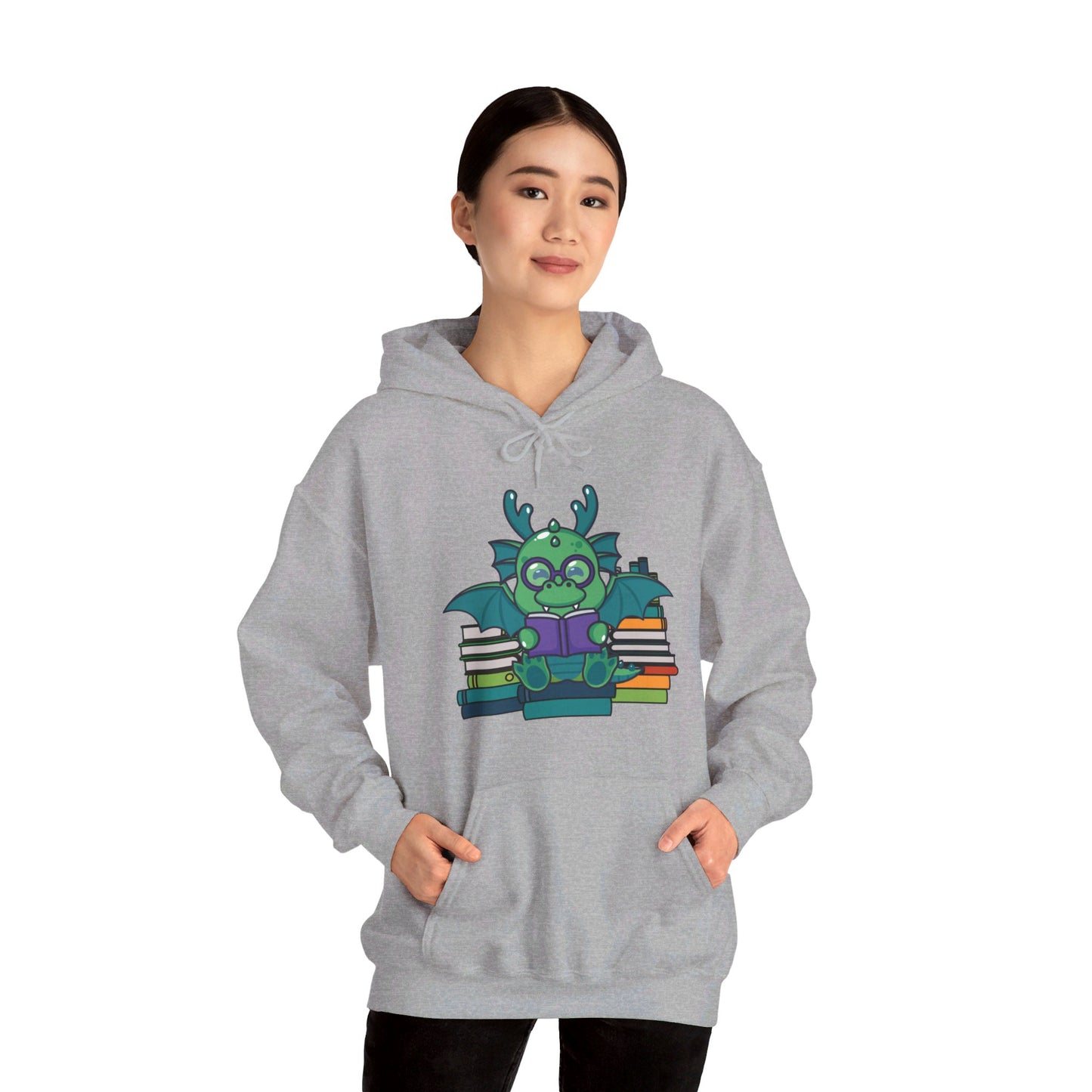 Funny Dragon and Books Nerds Cute Dragon Reading A Book Hoodie For Men Women Hoodie