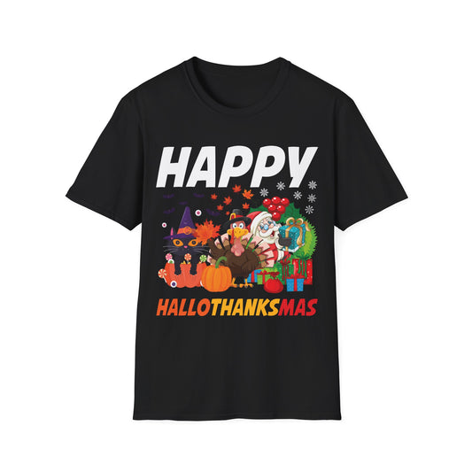 Funny Happy Hallothanksmas Halloween Thanksgiving Christmas Mash Up T-Shirt Men Women Kids