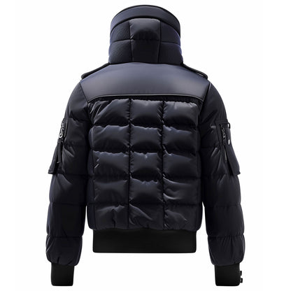 Mens Puffer Jacket with Hood Hip-Length Puffer Black and Deep Navy Quilted Patterns Removable Hood Multiple Pockets Mens Puffer Jacket