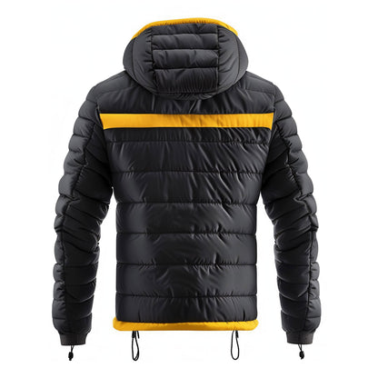 Mens Puffer Jacket with Hood Hip-Length Puffer Black and Yellow Lightweight Quilted Patterns Removable Hood Multiple Pockets Mens Puffer Jacket