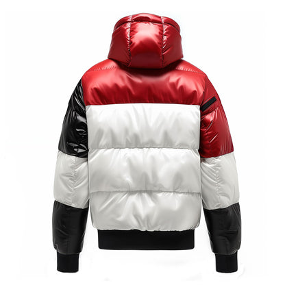 Mens Puffer Jacket with Hood Hip-Length Puffer White Contrast Lightweight Quilted Patterns Removable Hood Multiple Pockets Mens Puffer Jacket