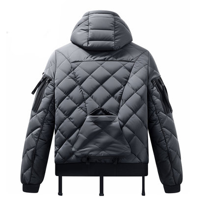 Mens Puffer Jacket with Hood Hip-Length Puffer Grey Lightweight Quilted Patterns Removable Hood Multiple Pockets Mens Puffer Jacket