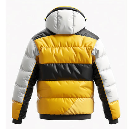 Mens Puffer Jacket with Hood Hip-Length Puffer Black White and Yellow Lightweight Quilted Patterns Removable Hood Multiple Pockets Mens Puffer Jacket