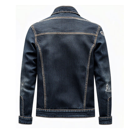 Mens Denim Jacket Blue Distressed Comfortable Durable Jeans Flaps Slanted Front Pockets Lepal Trucker Jackets For Men