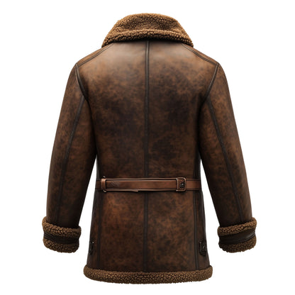 Shearling Brown Leather Coat Genuine Sheepskin Fur Leather B3 Bomber Leather Coat Modern Aviator Jacket For Men