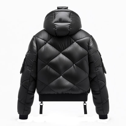 Mens Puffer Jacket with Hood Hip-Length Puffer Black Lightweight Quilted Patterns Removable Hood Multiple Pockets Mens Puffer Jacket