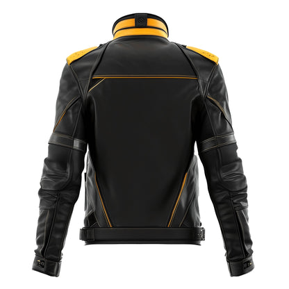 Mens Leather Jacket Biker Zipper Protection Black Yellow Padded Stand Collar Multipockets Motercycle Genuine Leather Jackets For Men