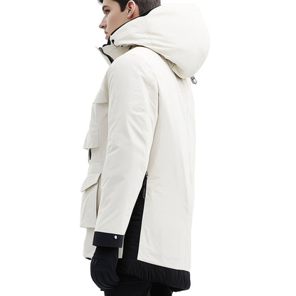 Mens Parkas Jacket Classic White Parka Thigh-length Nylon Front Pockets Luxurious Removable Hood Winter Coat Warm Parka Jackets