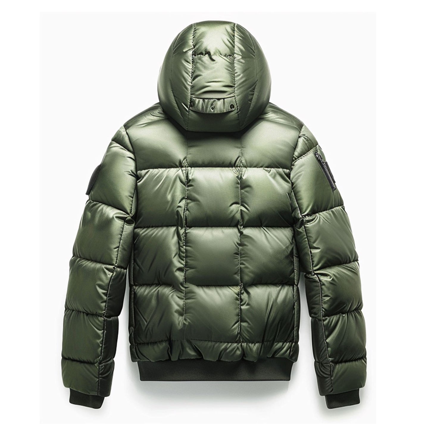 Mens Puffer Jacket with Hood Hip-Length Puffer Green Quilted Patterns Removable Hood Multiple Pockets Mens Puffer Jacket