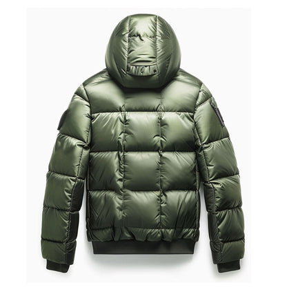 Mens Puffer Jacket with Hood Hip-Length Puffer Green Quilted Patterns Removable Hood Multiple Pockets Mens Puffer Jacket