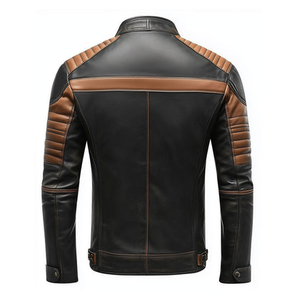 Mens Leather Jacket Black Brown Contrast Biker Zipper Padded Protection Stand Collar Multipockets Motercycle Genuine Leather Jackets For Men