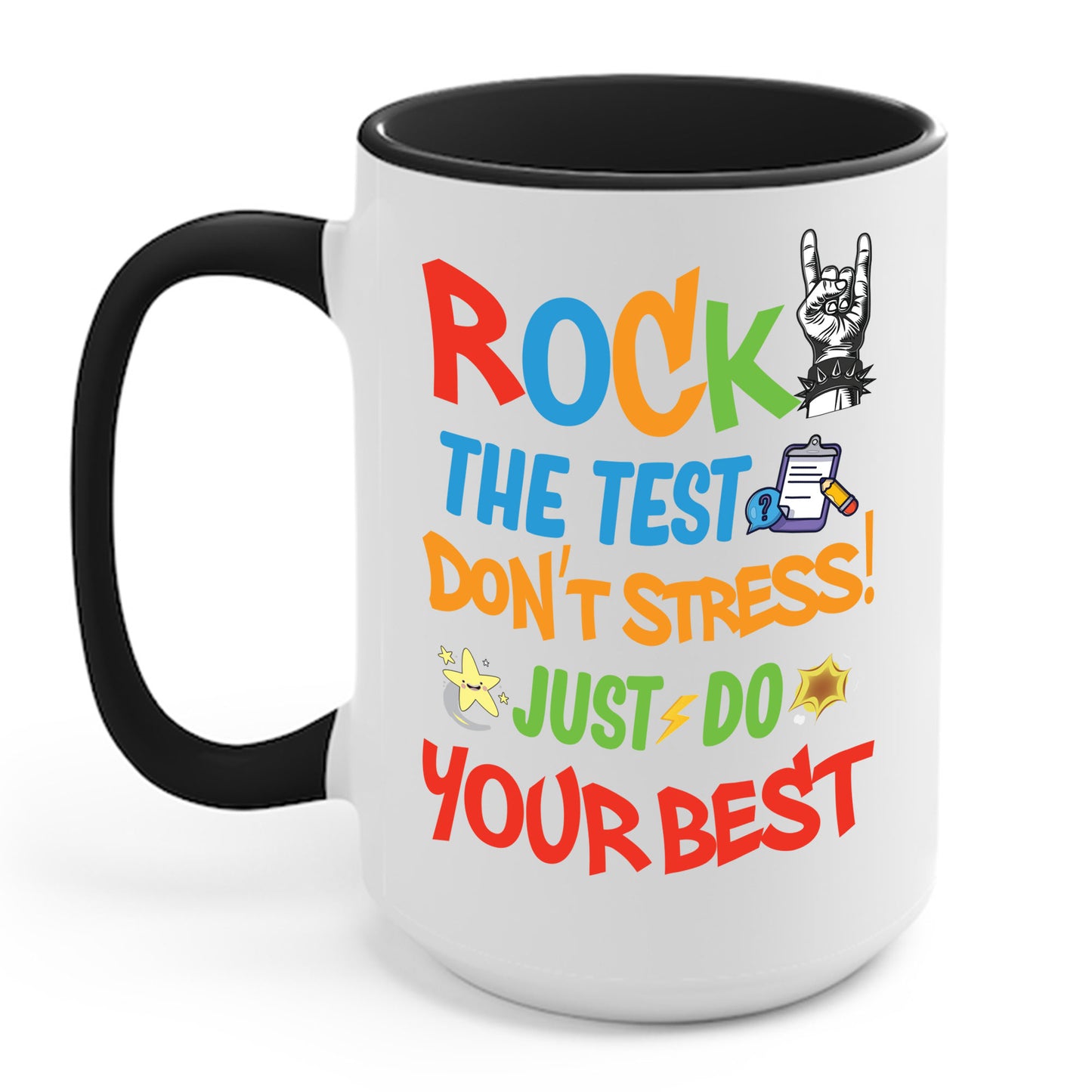 Funny Rock The Test Don't Stress Just Do Your Best Back to School Coffee Mug Men Women Kids