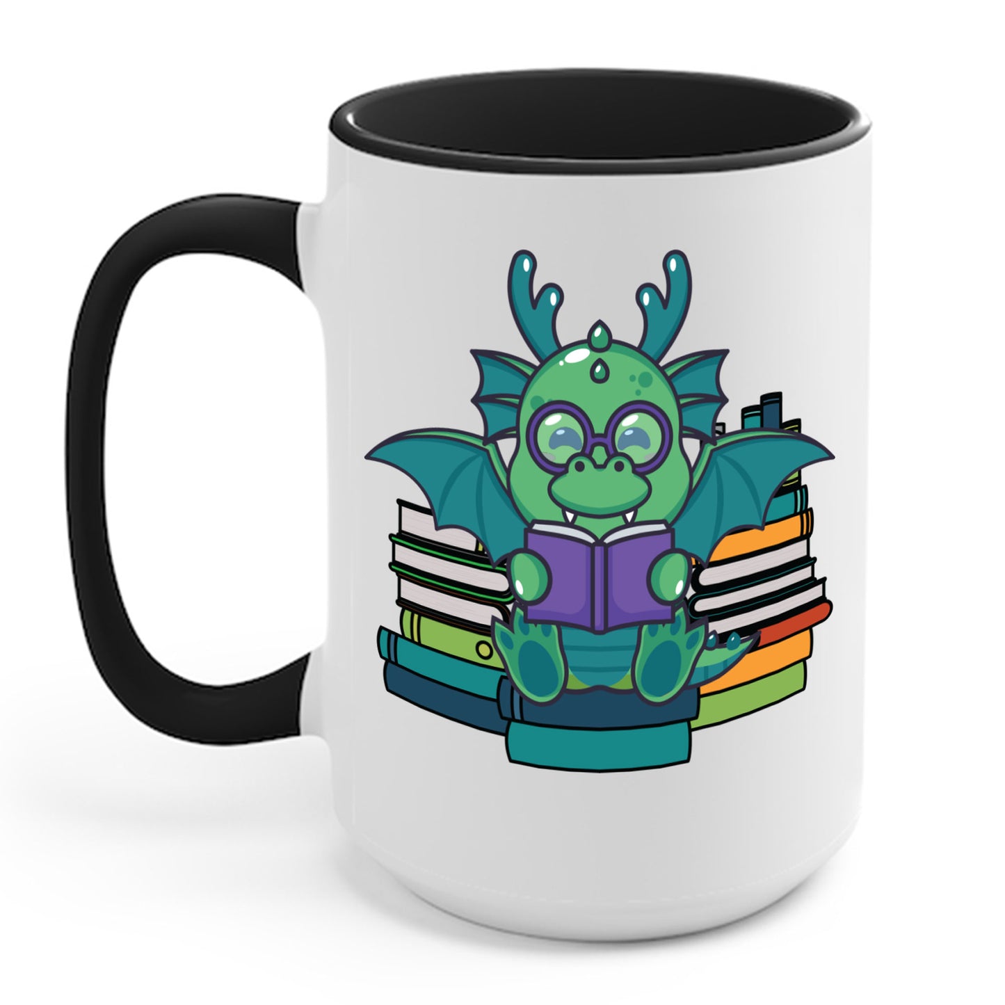Funny Dragon and Books Nerds Cute Dragon Reading A Book Coffee Mug For Men Women