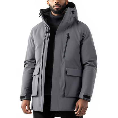 Mens Parkas Jacket Classic Grey Parka Thigh-length Nylon Front Pockets Luxurious Removable Hood Winter Coat Warm Parka Jackets