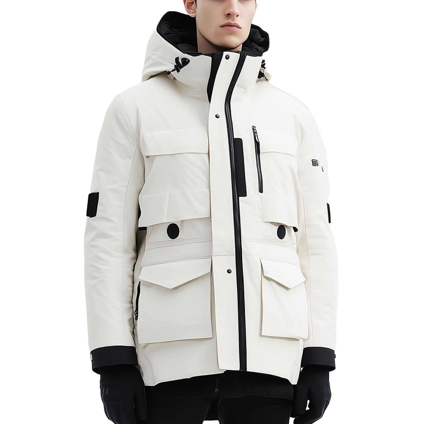 Mens Parkas Jacket Classic White Parka Thigh-length Nylon Front Pockets Luxurious Removable Hood Winter Coat Warm Parka Jackets