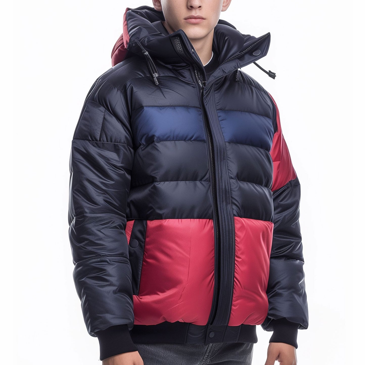 Mens Puffer Jacket with Hood Hip-Length Puffer Navy and Red Lightweight Quilted Patterns Removable Hood Multiple Pockets Mens Puffer Jacket