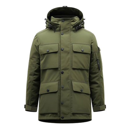 Mens Parkas Jacket Classic Military Parka Thigh-length Nylon Front Pockets Luxurious Removable Hood Winter Coat Warm Parka Jackets