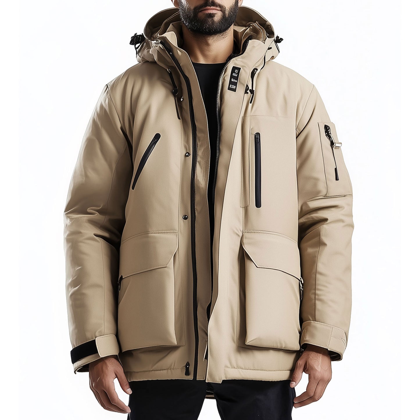 Mens Parkas Jacket Classic Parka Thigh-length Nylon Front Pockets Luxurious Removable Hood Winter Coat Natural Warm Parka Jackets