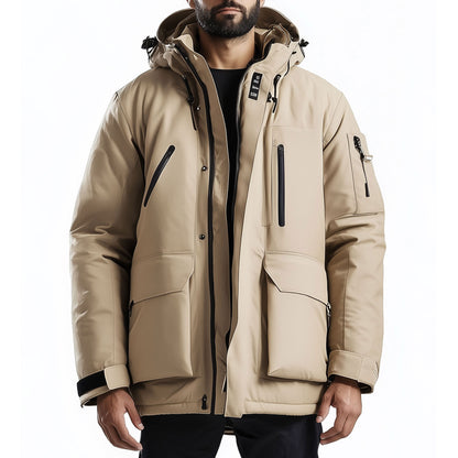 Mens Parkas Jacket Classic Parka Thigh-length Nylon Front Pockets Luxurious Removable Hood Winter Coat Natural Warm Parka Jackets
