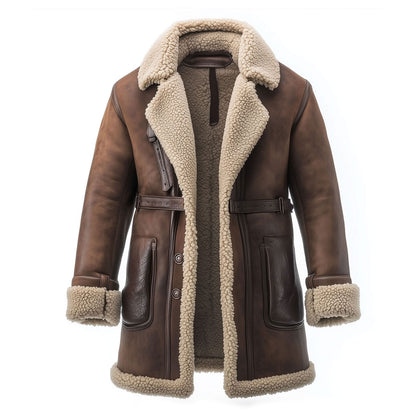 Shearling Brown Leather Coat Genuine Sheepskin Fur Leather B3 Bomber Leather Coat Aviator Jacket For Men