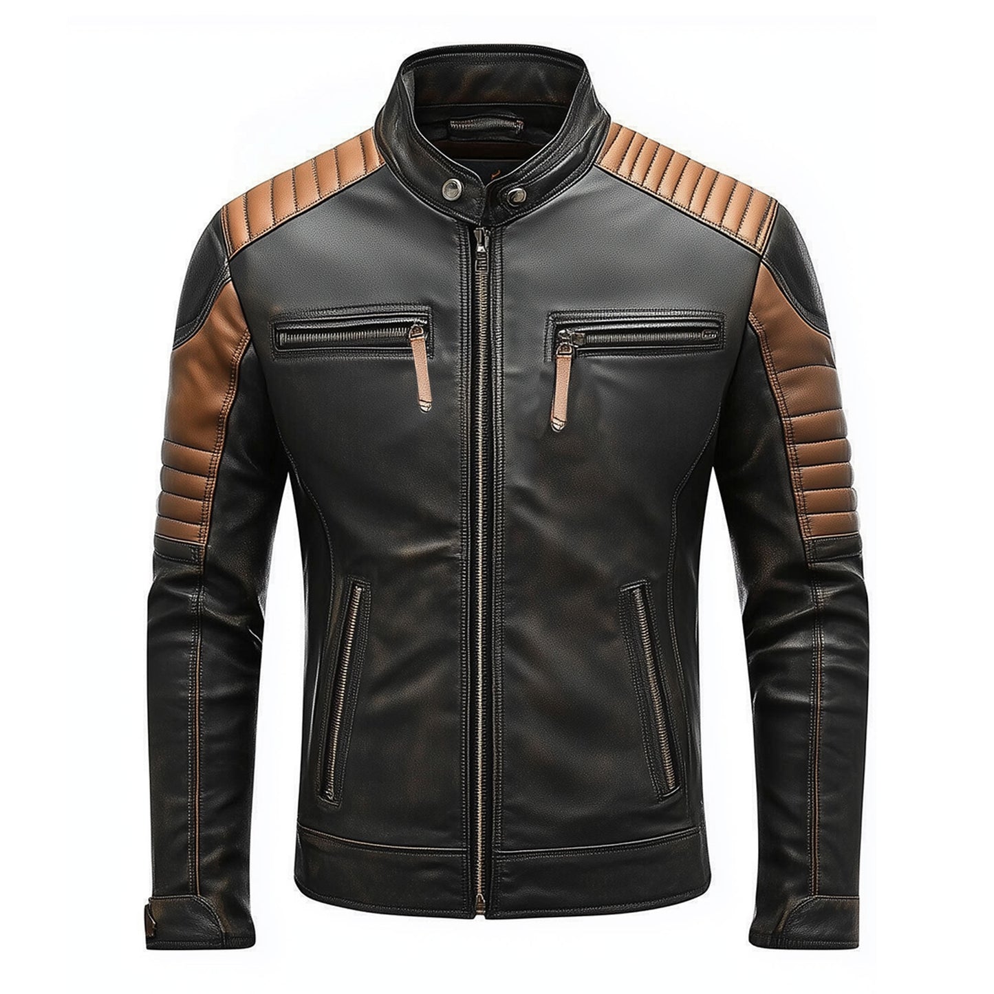 Mens Leather Jacket Black Brown Contrast Biker Zipper Padded Protection Stand Collar Multipockets Motercycle Genuine Leather Jackets For Men