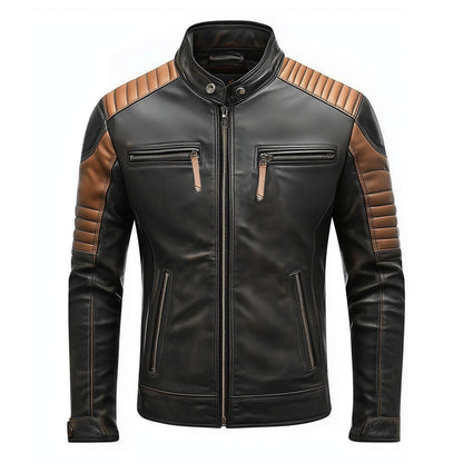 Mens Leather Jacket Black Brown Contrast Biker Zipper Padded Protection Stand Collar Multipockets Motercycle Genuine Leather Jackets For Men