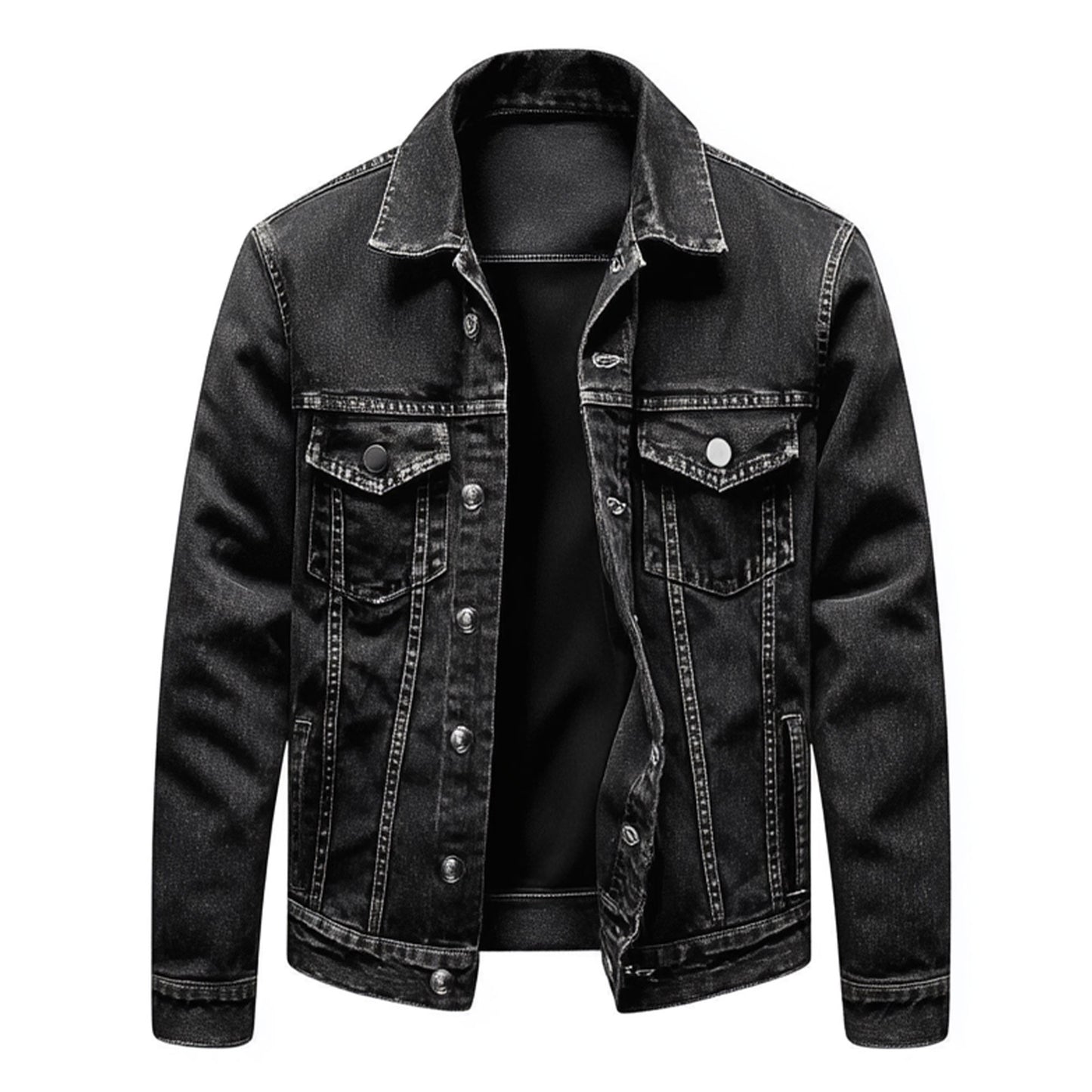 Mens Denim Jacket Black Distressed Comfortable Durable Jeans Flaps Slanted Front Pockets Lepal Trucker Jackets For Men