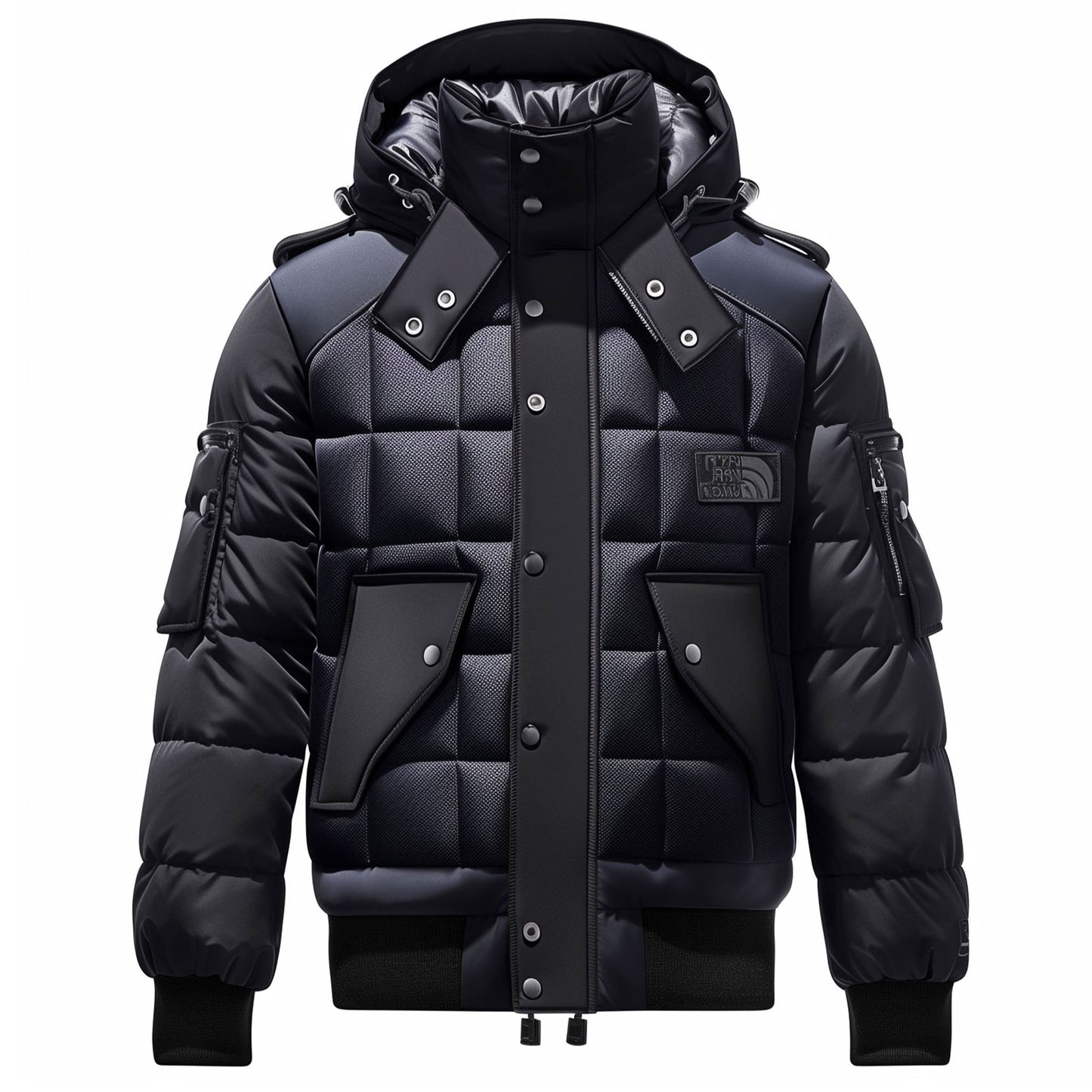 Mens Puffer Jacket with Hood Hip-Length Puffer Black and Deep Navy Quilted Patterns Removable Hood Multiple Pockets Mens Puffer Jacket