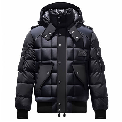 Mens Puffer Jacket with Hood Hip-Length Puffer Black and Deep Navy Quilted Patterns Removable Hood Multiple Pockets Mens Puffer Jacket