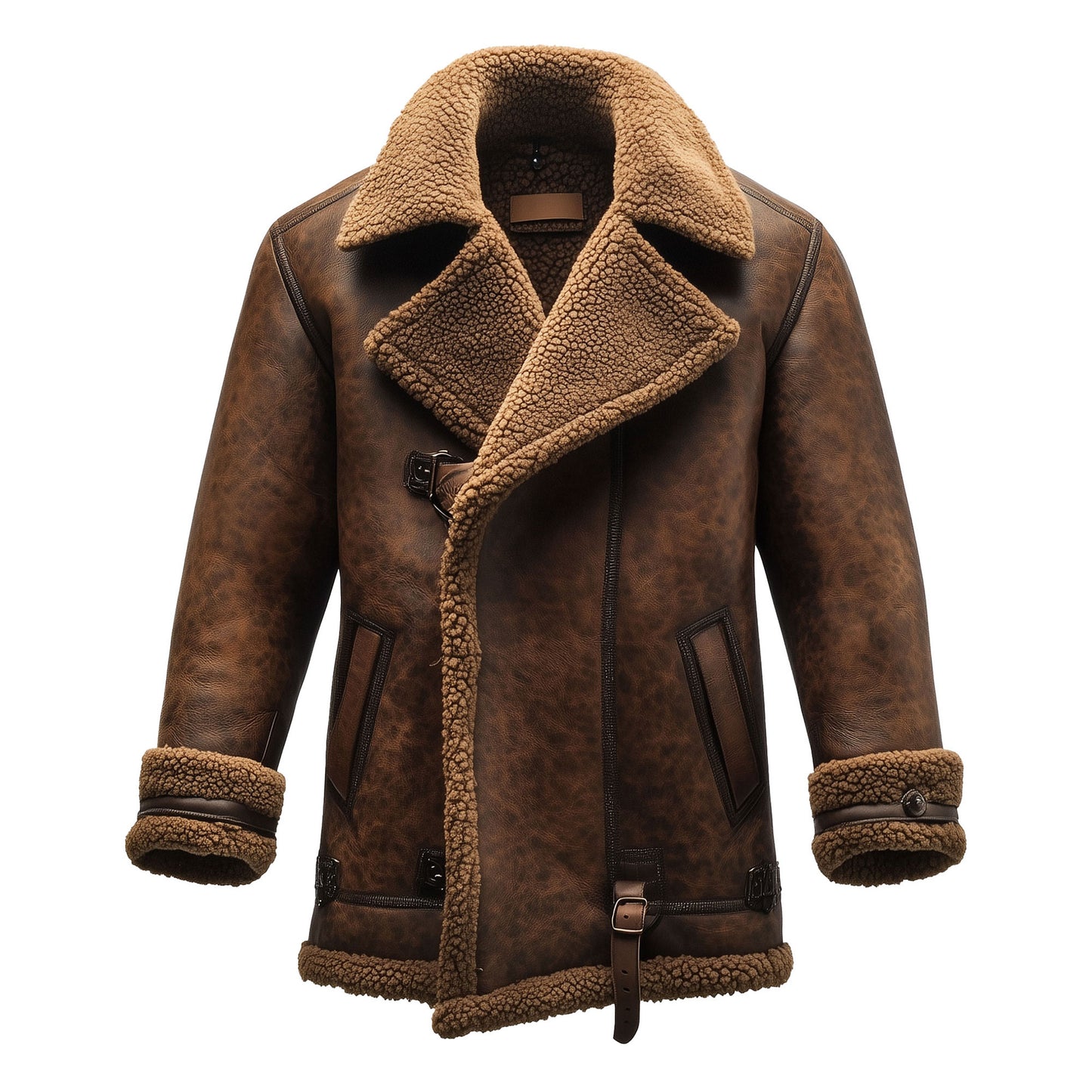 Shearling Brown Leather Coat Genuine Sheepskin Fur Leather B3 Bomber Leather Coat Modern Aviator Jacket For Men