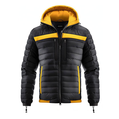 Mens Puffer Jacket with Hood Hip-Length Puffer Black and Yellow Lightweight Quilted Patterns Removable Hood Multiple Pockets Mens Puffer Jacket