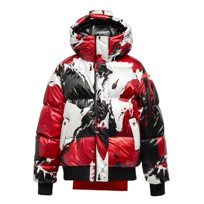 Mens Puffer Jacket with Hood Hip-Length Puffer Grafiti Spashes Lightweight Quilted Patterns Removable Hood Multiple Pockets Mens Puffer Jacket