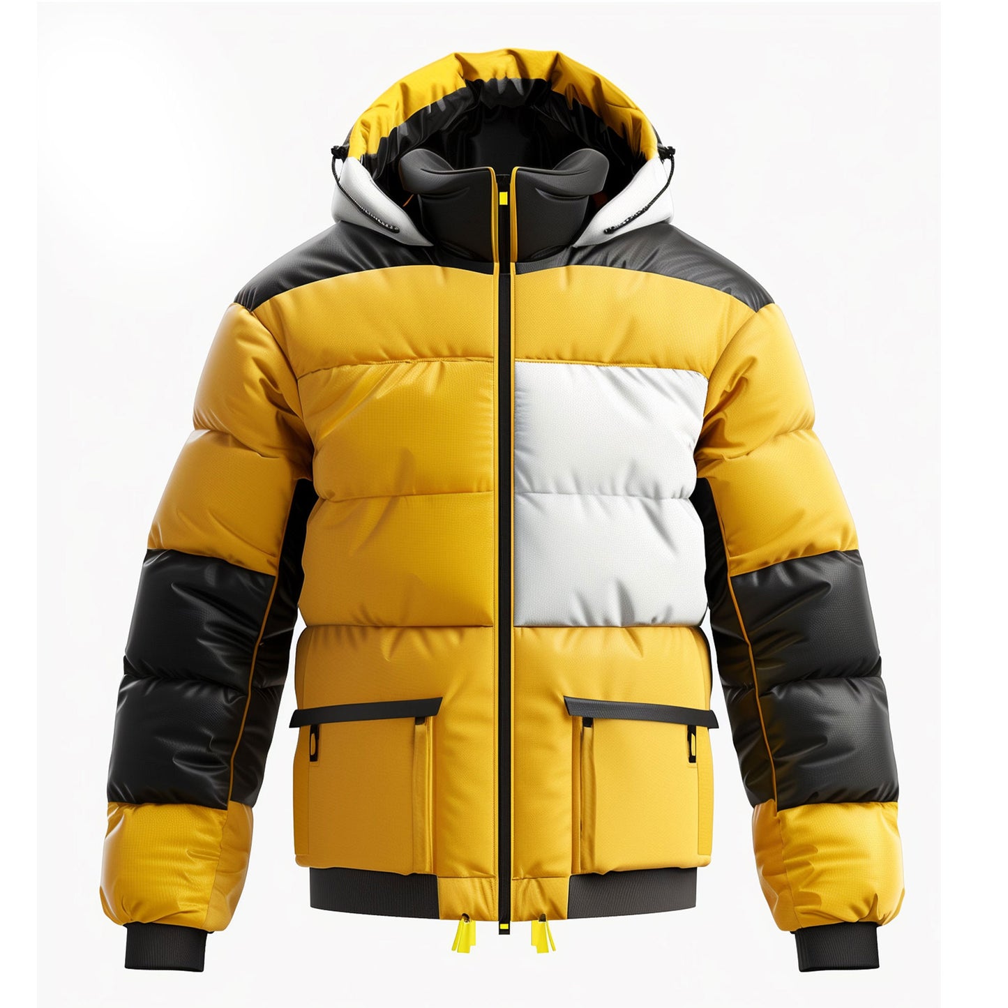 Mens Puffer Jacket with Hood Hip-Length Puffer Black White and Yellow Lightweight Quilted Patterns Removable Hood Multiple Pockets Mens Puffer Jacket